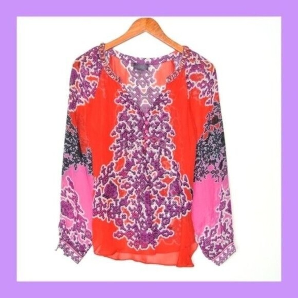 Hale‎ Bob 100% silk Printed Beaded Blouse XS